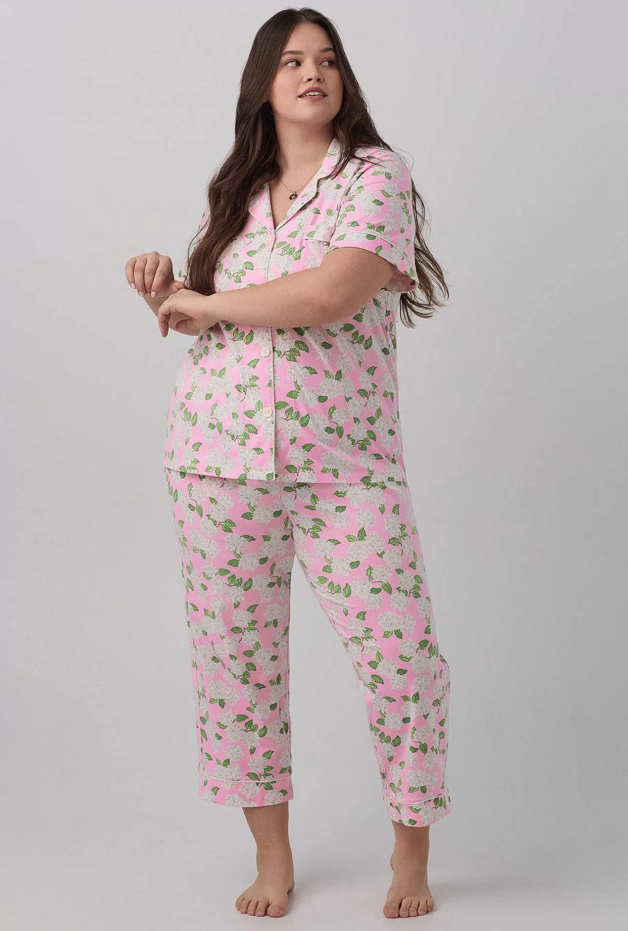 Mother'S Day*Bedhead Pajamas Pink Summer Hydrangea Short Sleeve Classic Stretch Jersey Cropped Pj Set
