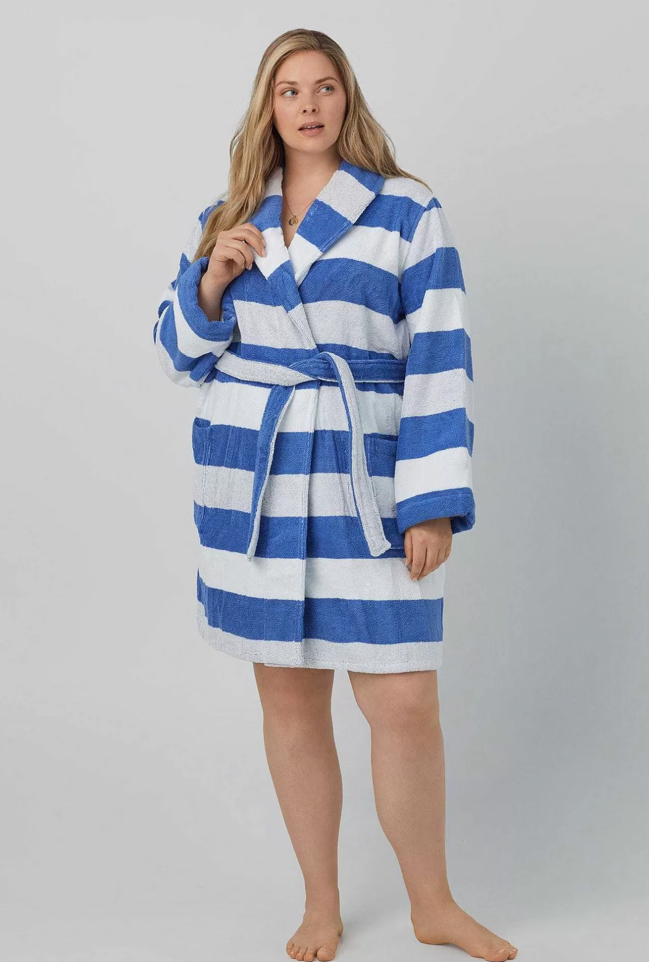 Robes*Bedhead Pajamas Seaside Stripe Unisex Woven Cotton Loop Turkish Terry Jacquard Short Robe