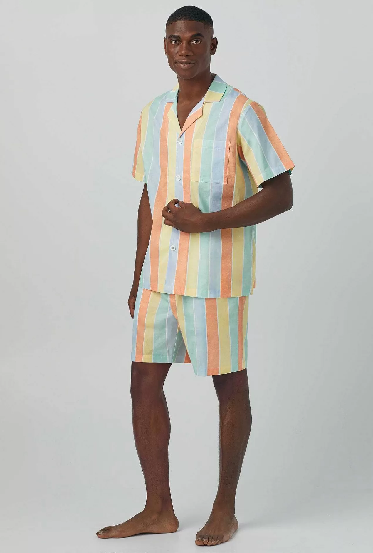 Stripe Shop*Bedhead Pajamas Sunset Stripe Men'S Short Sleeve Notch Woven Cotton Poplin Boxer Pj Set