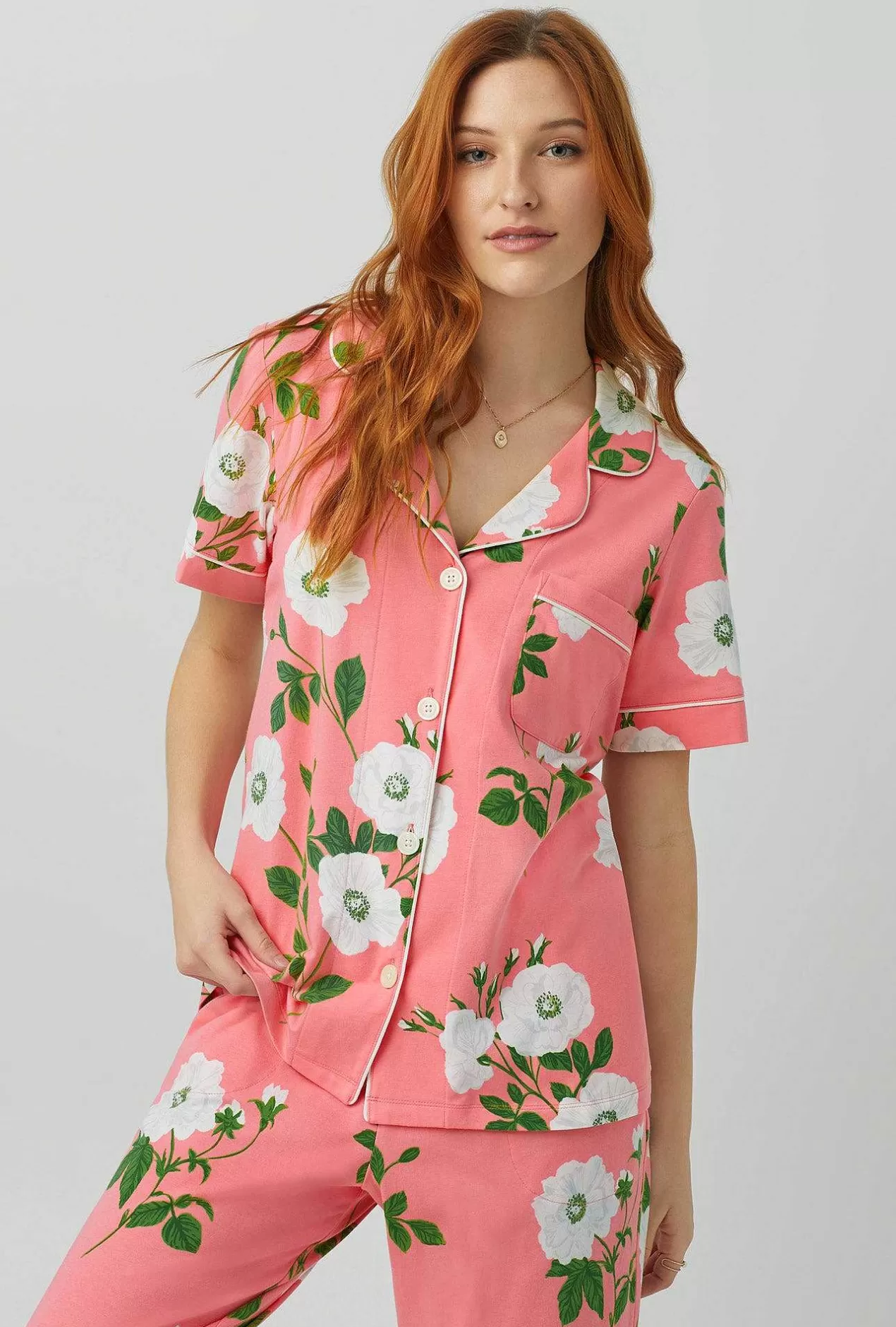 Floral Shop*Bedhead Pajamas White Poppy Short Sleeve Classic Stretch Jersey Cropped Pj Set