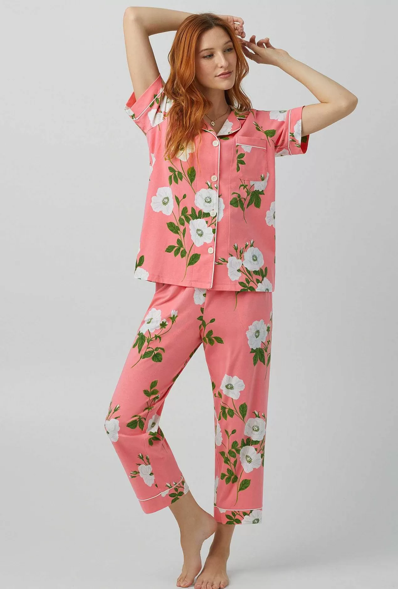 Floral Shop*Bedhead Pajamas White Poppy Short Sleeve Classic Stretch Jersey Cropped Pj Set