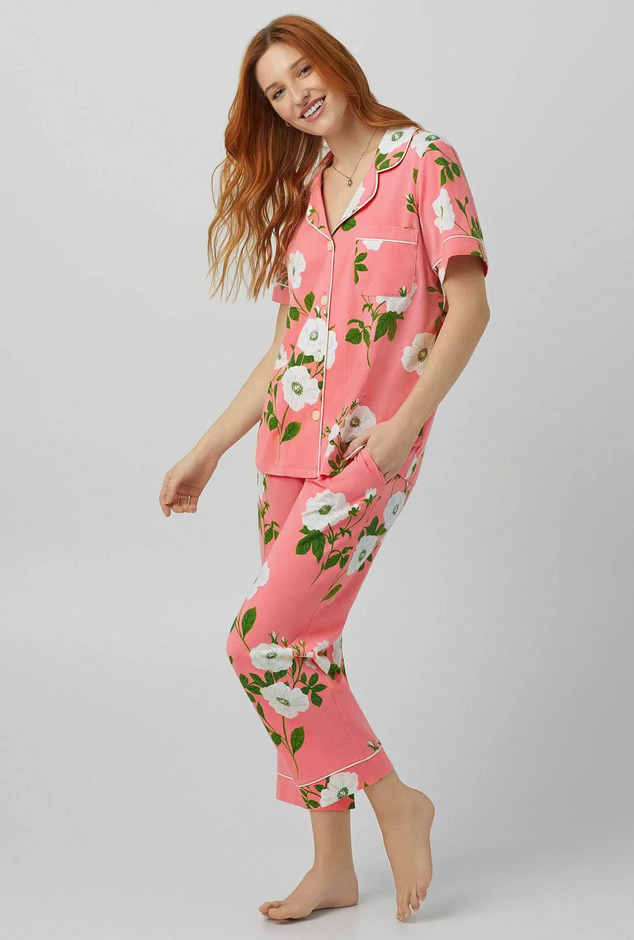 Floral Shop*Bedhead Pajamas White Poppy Short Sleeve Classic Stretch Jersey Cropped Pj Set